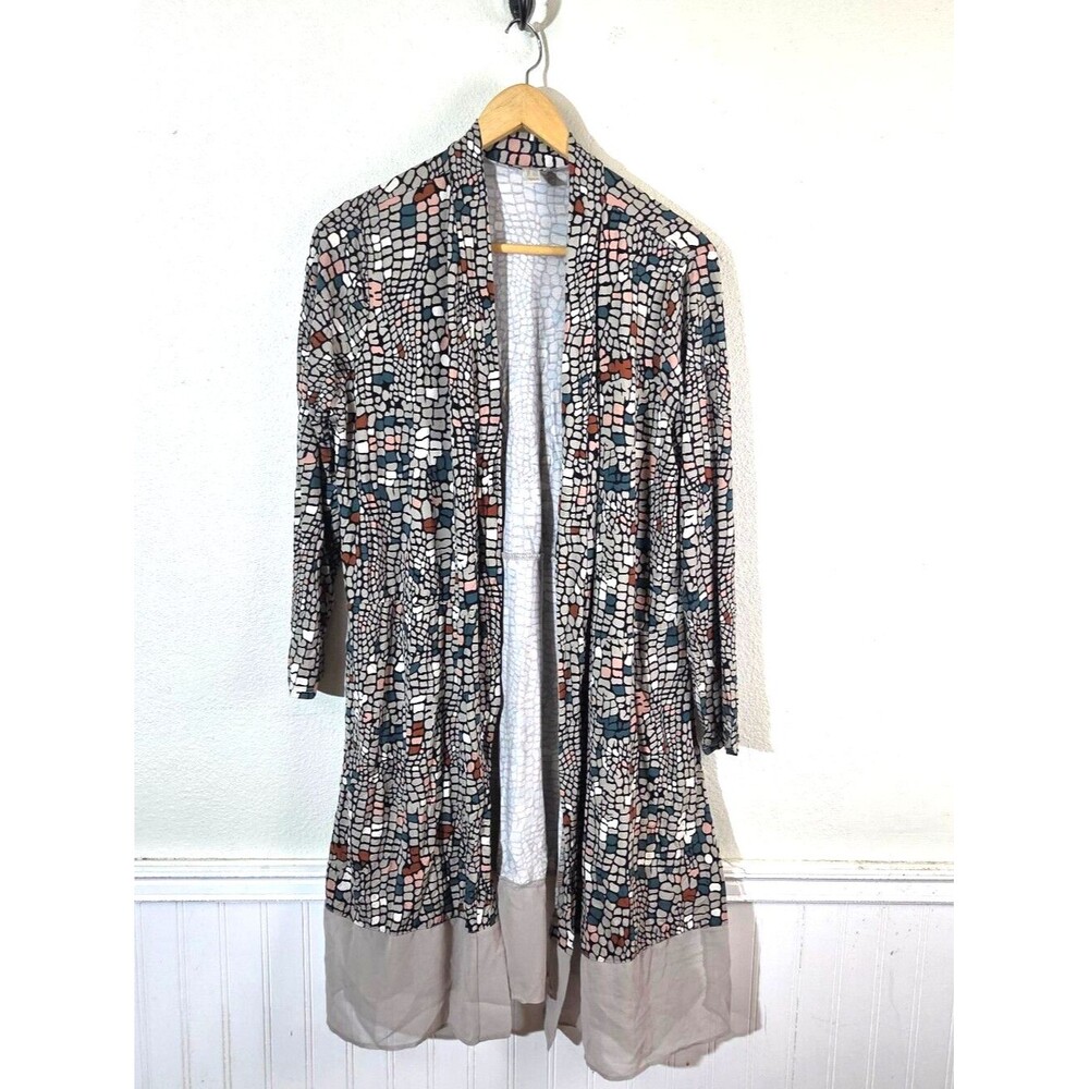LOGO by Lori Goldstein LP Abstract Mosaic Print Open Front Duster Cardigan